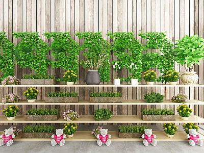 Bonsai Potted Plants Displayed On Wooden Shelves With Yellow Flowers Pink Teddy Bears And Greenery 3d model