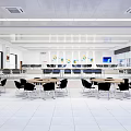 Modern Conference Room With Round Tables Black Chairs Large Windows And Strip Lights