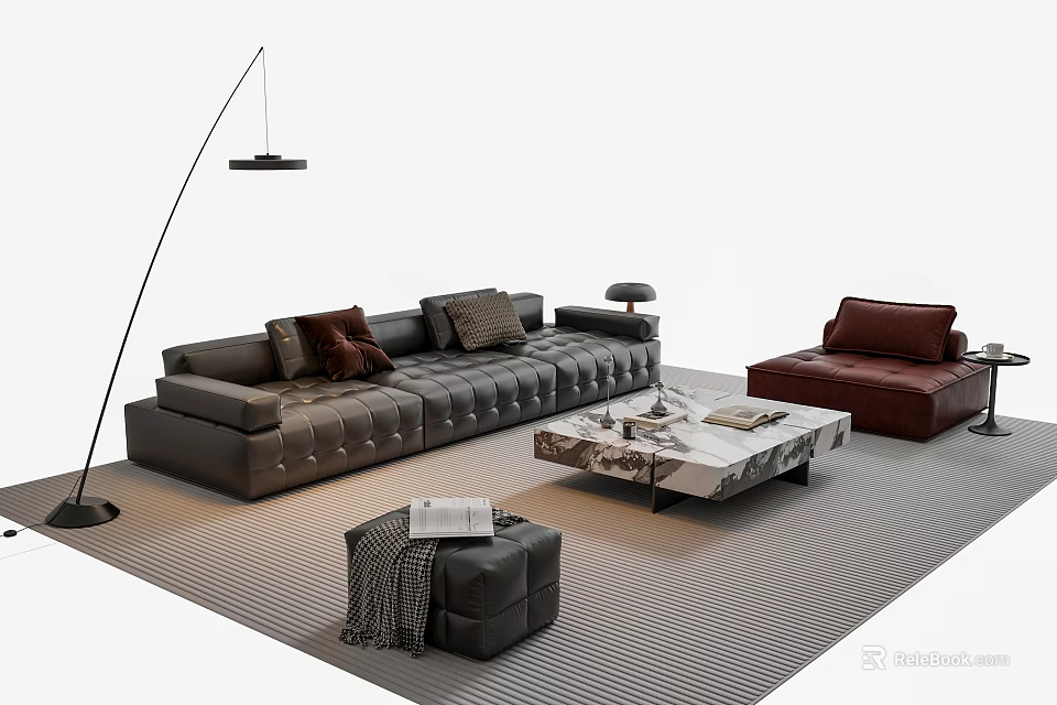 Modern Tufted Grey Sofa Coffee Table Set with Marble Top Floor Lamp and Striped Rug 3d model 