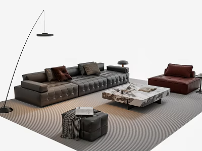 Modern Tufted Grey Sofa Coffee Table Set with Marble Top Floor Lamp and Striped Rug 3d model