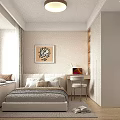 Elegant Beige Upholstered Double Bed In Warm Minimalist Bedroom With Desk Wardrobe And Bay Window