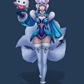 Elegant Fox Tailed Character Holding White Cat Like Doll In Blue White Outfit