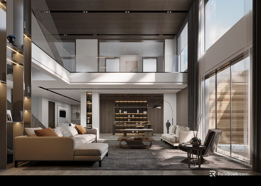 Modern Loft Living Room With Sofas Bookshelf And Large Windows 3d model 