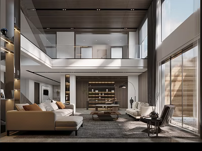 Modern Loft Living Room With Sofas Bookshelf And Large Windows 3d model