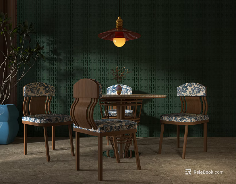 Modern Wooden Dining Table Set With Floral Pattern Chairs Green Wall And Pendant Light 3d model 