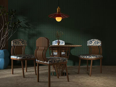 Modern Wooden Dining Table Set With Floral Pattern Chairs Green Wall And Pendant Light 3d model