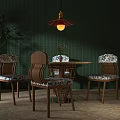 Modern Wooden Dining Table Set With Floral Pattern Chairs Green Wall And Pendant Light