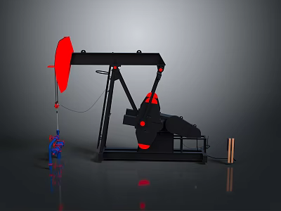 Industrial Oil Pump Jack Structure Featuring Red Components Blue Equipment And Cylindrical Tools 3d model