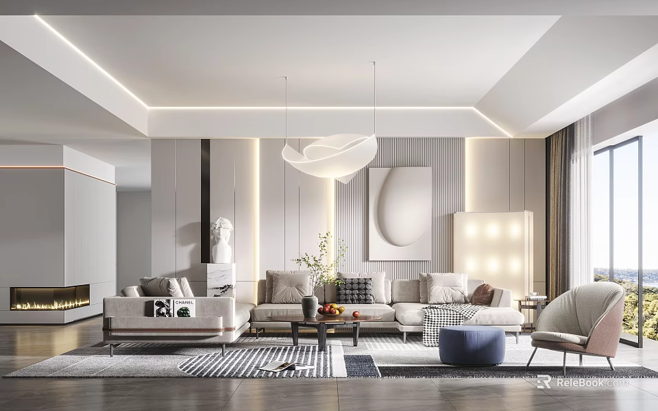 Modern Living Room Interior Design With Sectional Sofa Coffee Table Pendant Light And Decorative Artwork 3d model 