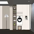 Modern Laundry Area Interior With Washing Machine Storage Cabinets Plants Floor Lamp And Wooden Floor