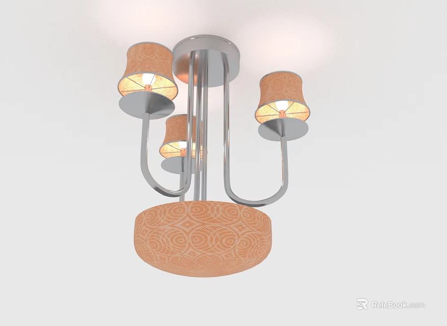 Modern Chandelier With Metallic Frame Three Beige Fabric Shades And Patterned Base 3d model