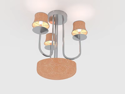 Modern Chandelier With Metallic Frame Three Beige Fabric Shades And Patterned Base 3d model