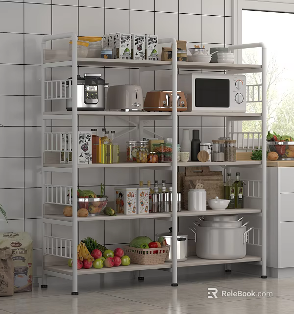 Organized Kitchen Storage Shelf With Appliances Food Jars And Fresh Produce 3d model 