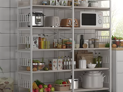 Organized Kitchen Storage Shelf With Appliances Food Jars And Fresh Produce 3d model