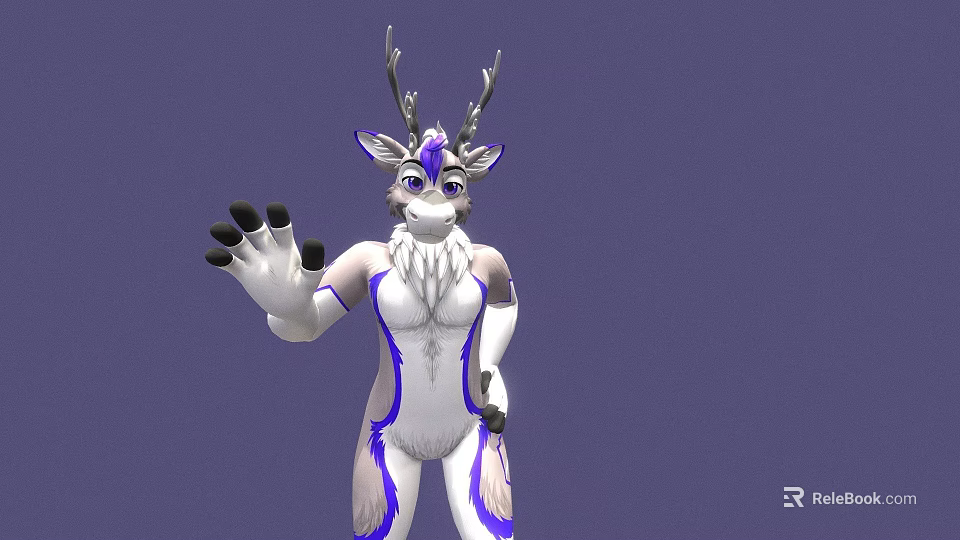 Game and Movie Deer Character With Antlers White Purple Fur Waving Hand 3d model 