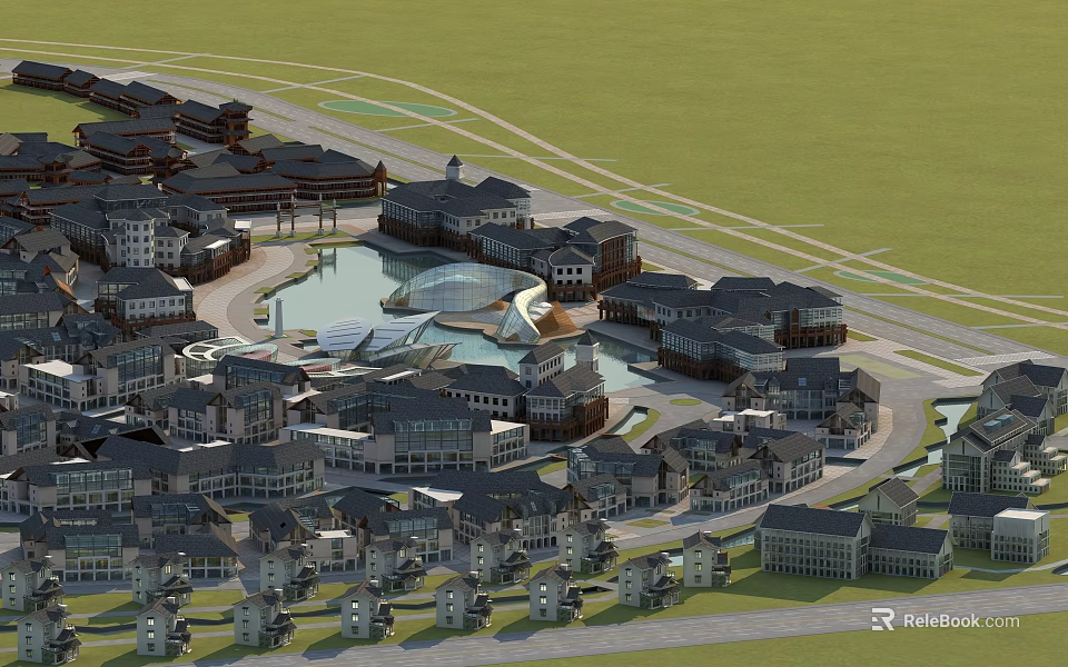 Aerial View of Modern Residential Buildings with Circular Pool Surrounding Roads and Green Spaces 3d model 
