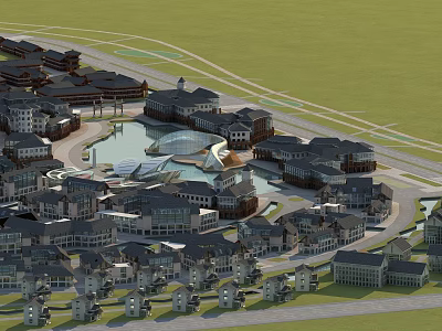 Aerial View of Modern Residential Buildings with Circular Pool Surrounding Roads and Green Spaces 3d model