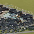 Aerial View of Modern Residential Buildings with Circular Pool Surrounding Roads and Green Spaces
