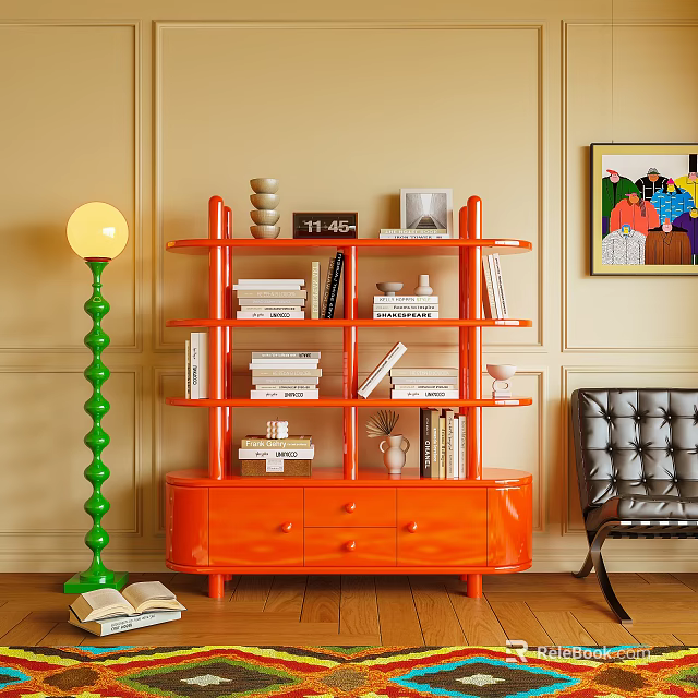 Orange Bookcase With Open Shelves Books Decorative Items Green Floor Lamp And Gray Leather Chair 3d model 