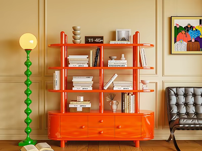 Orange Bookcase With Open Shelves Books Decorative Items Green Floor Lamp And Gray Leather Chair 3d model