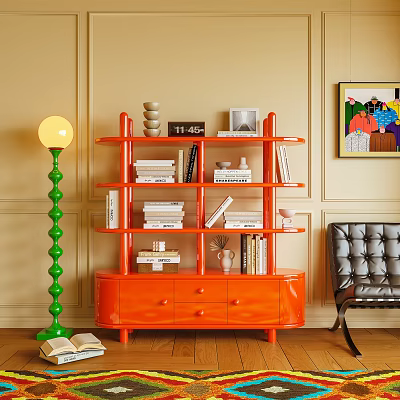 Orange Bookcase With Open Shelves Books Decorative Items Green Floor Lamp And Gray Leather Chair 3d model