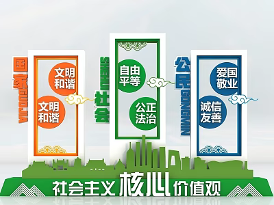 Road Facilities Featuring Core Socialist Values Billboards With Green City And Auspicious Clouds 3d model
