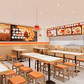 Bright Chinese Fast Food Restaurant Interior With Wooden Tables Orange Seats And Menu Boards
