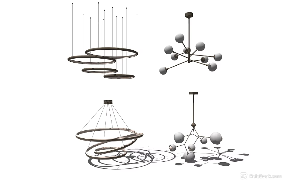 Modern Chandeliers With Various Designs Including Circular Loops And Spherical Bulbs 3d model 