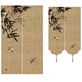 Decorative Linen Curtains With Bamboo Leaves And Small Flying Birds