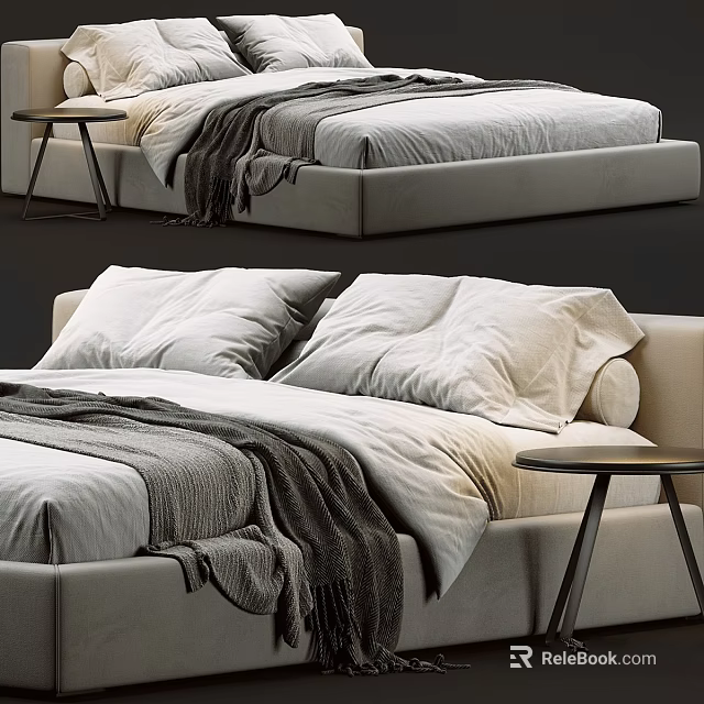 Modern Double Bed With White Pillows Gray Blanket And Wooden Nightstand 3d model 