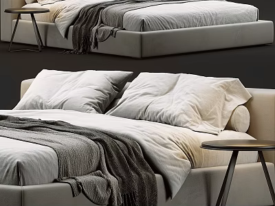 Modern Double Bed With White Pillows Gray Blanket And Wooden Nightstand 3d model