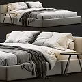 Modern Double Bed With White Pillows Gray Blanket And Wooden Nightstand