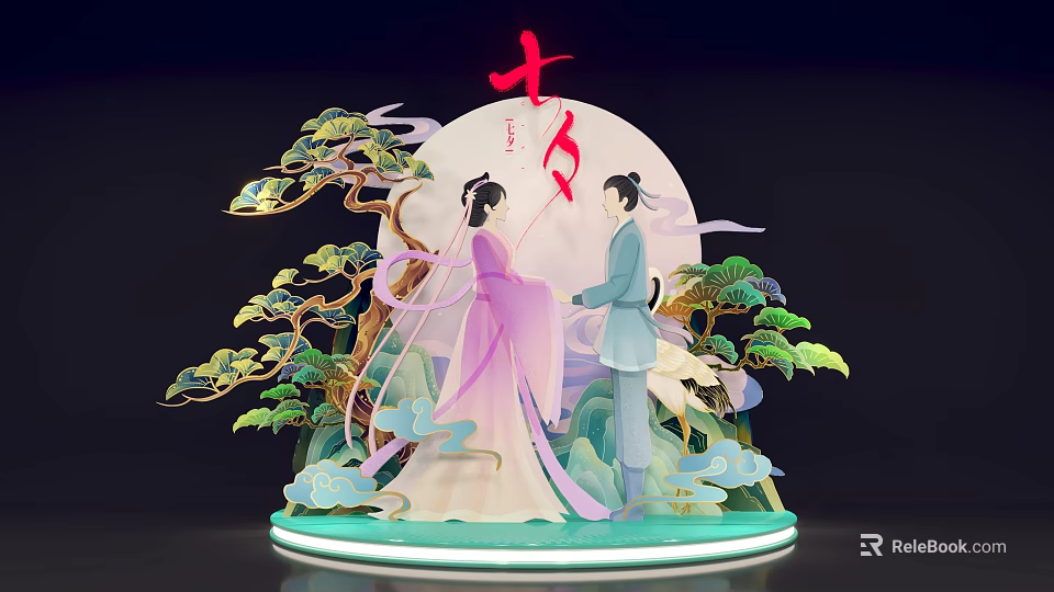 Traditional Qixi Festival Scene Decoration With Figures Moon Pine Clouds And Deer 3d model 