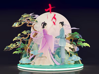 Traditional Qixi Festival Scene Decoration With Figures Moon Pine Clouds And Deer 3d model