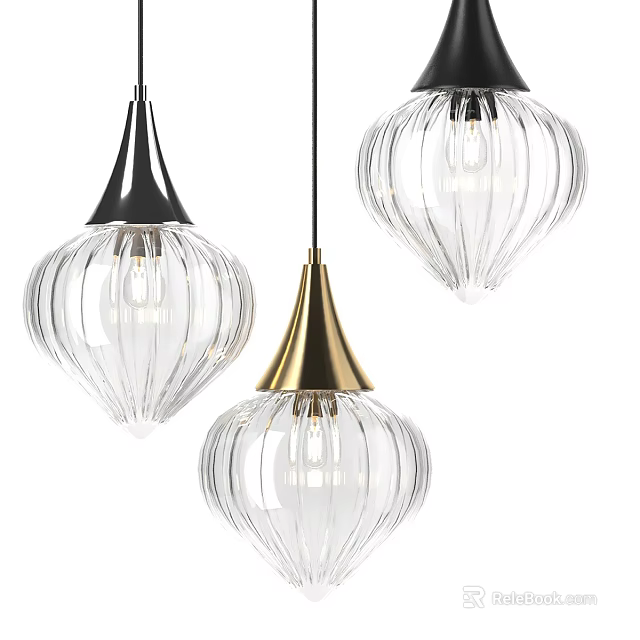 Modern Ribbed Transparent Glass Pendant Lights With Black And Gold Metal Finishes 3d model 