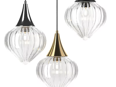 Modern Ribbed Transparent Glass Pendant Lights With Black And Gold Metal Finishes 3d model