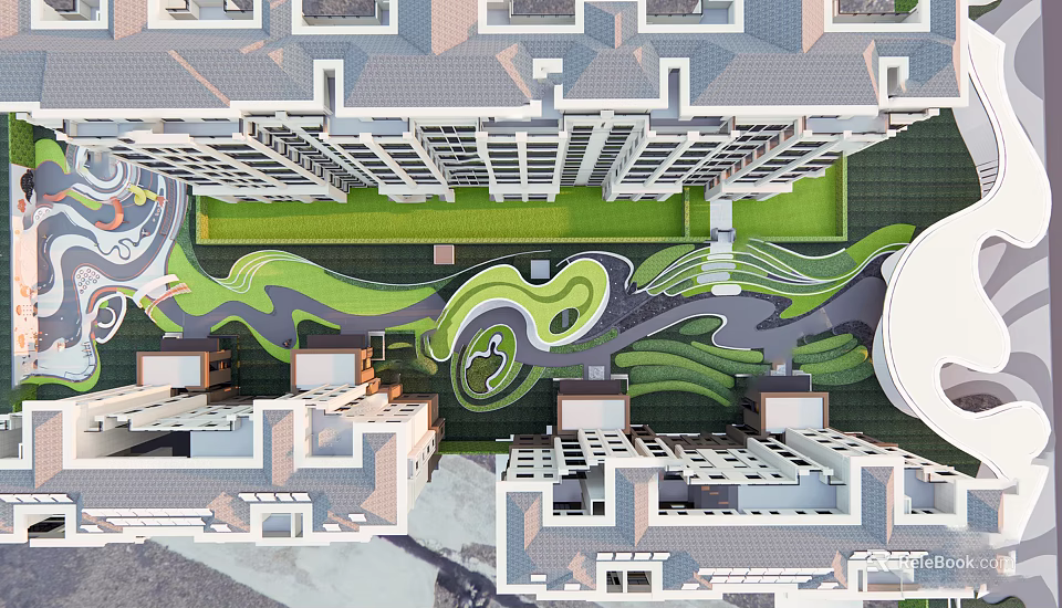 Modern Residential Garden Landscape With Green Lawns Winding Pathways And Curved Designs 3d model 