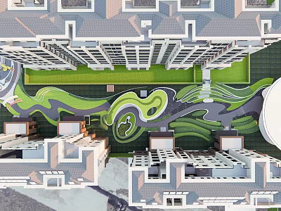 Modern Residential Garden Landscape With Green Lawns Winding Pathways And Curved Designs 3d model