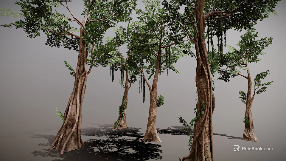 Beautiful Tall Trees with Thick Trunks Lush Green Leaves and Hanging Vines 3d model 