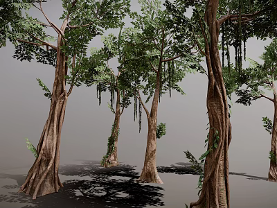Beautiful Tall Trees with Thick Trunks Lush Green Leaves and Hanging Vines 3d model