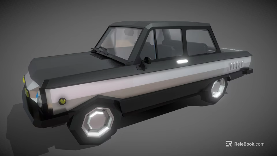 Vintage Low Poly Sedan Car With Black Silver Body And Illuminated Polygon Wheels 3d model 
