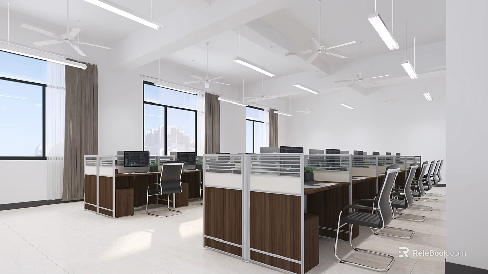 Spacious Public Office Area With Cubicles Desks Chairs Windows And Ceiling Fans 3d model