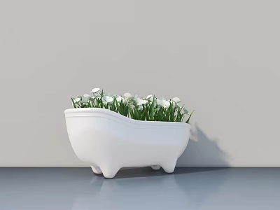 Bathtub Shaped White Bonsai Pot With White Flowers And Green Grass On Gray Surface Against Gray Wall 3d model