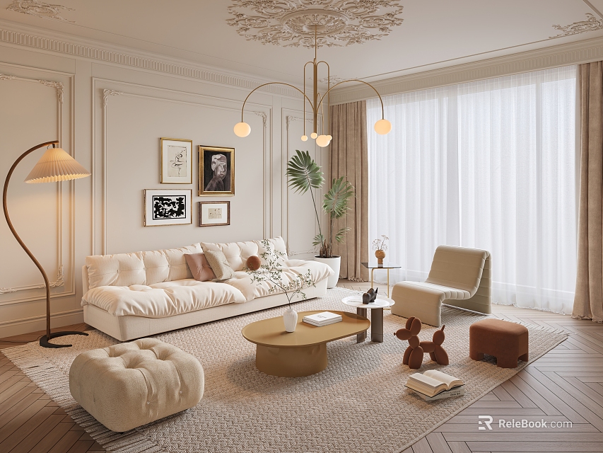 Modern Living Room Interior Design With Beige Sofa Round Coffee Table Floor Lamp And Plants 3d model 