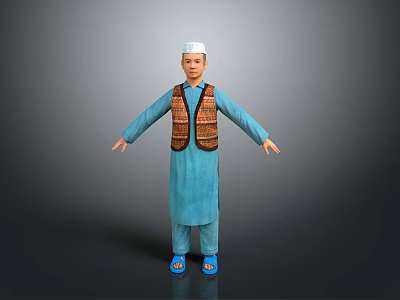 Man Wearing Blue Robe White Cap Brown Patterned Vest Blue Sandals Arms Outstretched Gray Background 3d model