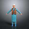 Man Wearing Blue Robe White Cap Brown Patterned Vest Blue Sandals Arms Outstretched Gray Background