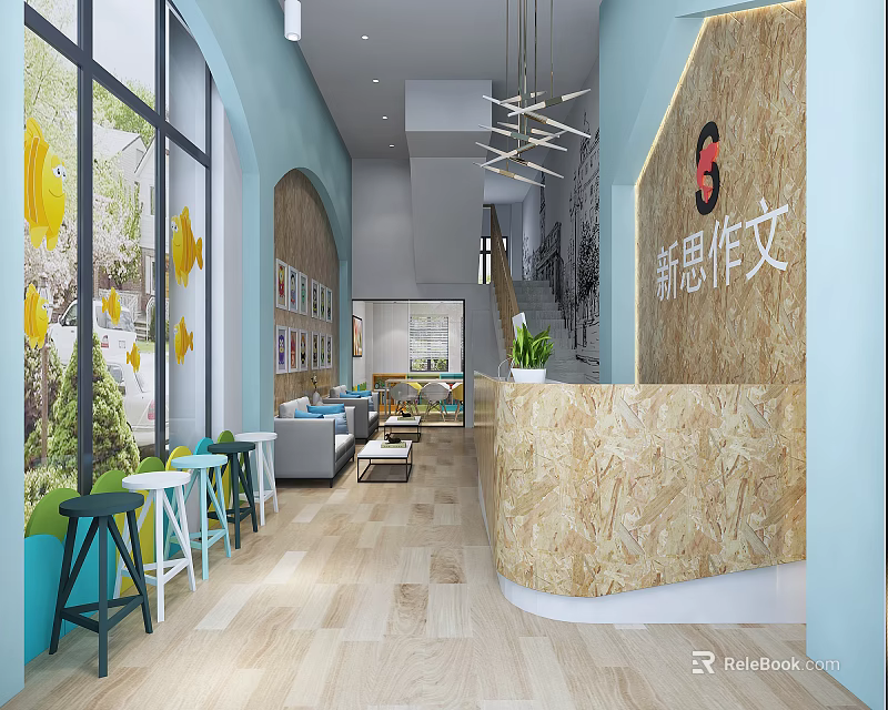 New Idea Composition School Bright Interior With Large Windows Colorful Stools And Bookshelves 3d model 