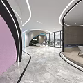 Modern Interior Space Design With Curved Structure Illuminated Lines Marble Floor And Green Plants