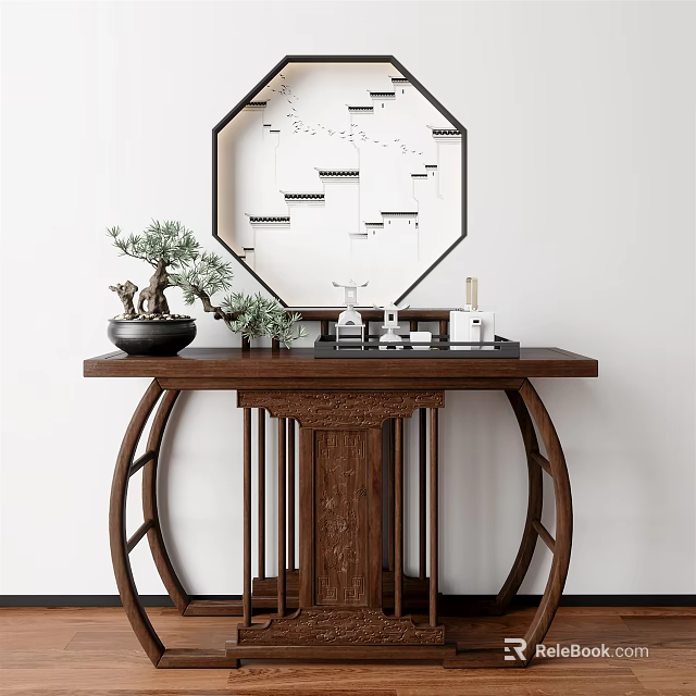 Traditional Chinese Wooden Console Table Interior Design With Bonsai Plant And Hexagonal Decor 3d model 