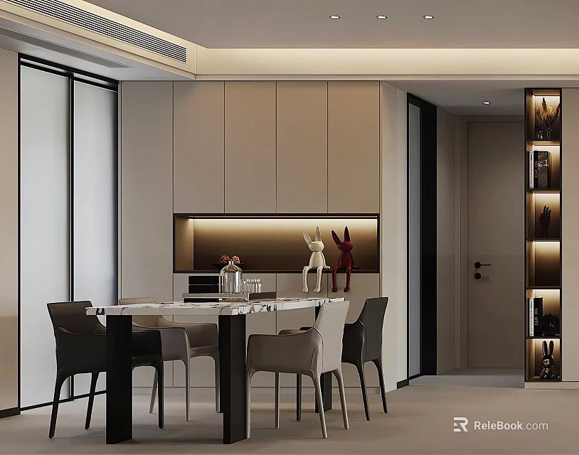 Modern Restaurant Interior With White Dining Table Chairs Cabinets And Recessed Lighting 3d model